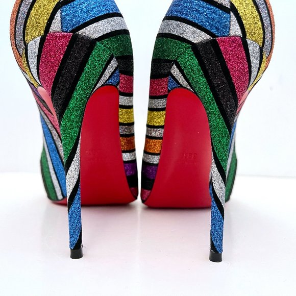 Christian Louboutin Pigalle Follies 100 Striped Glitter Pumps Rainbow Multicolor - Picture 10 of 14